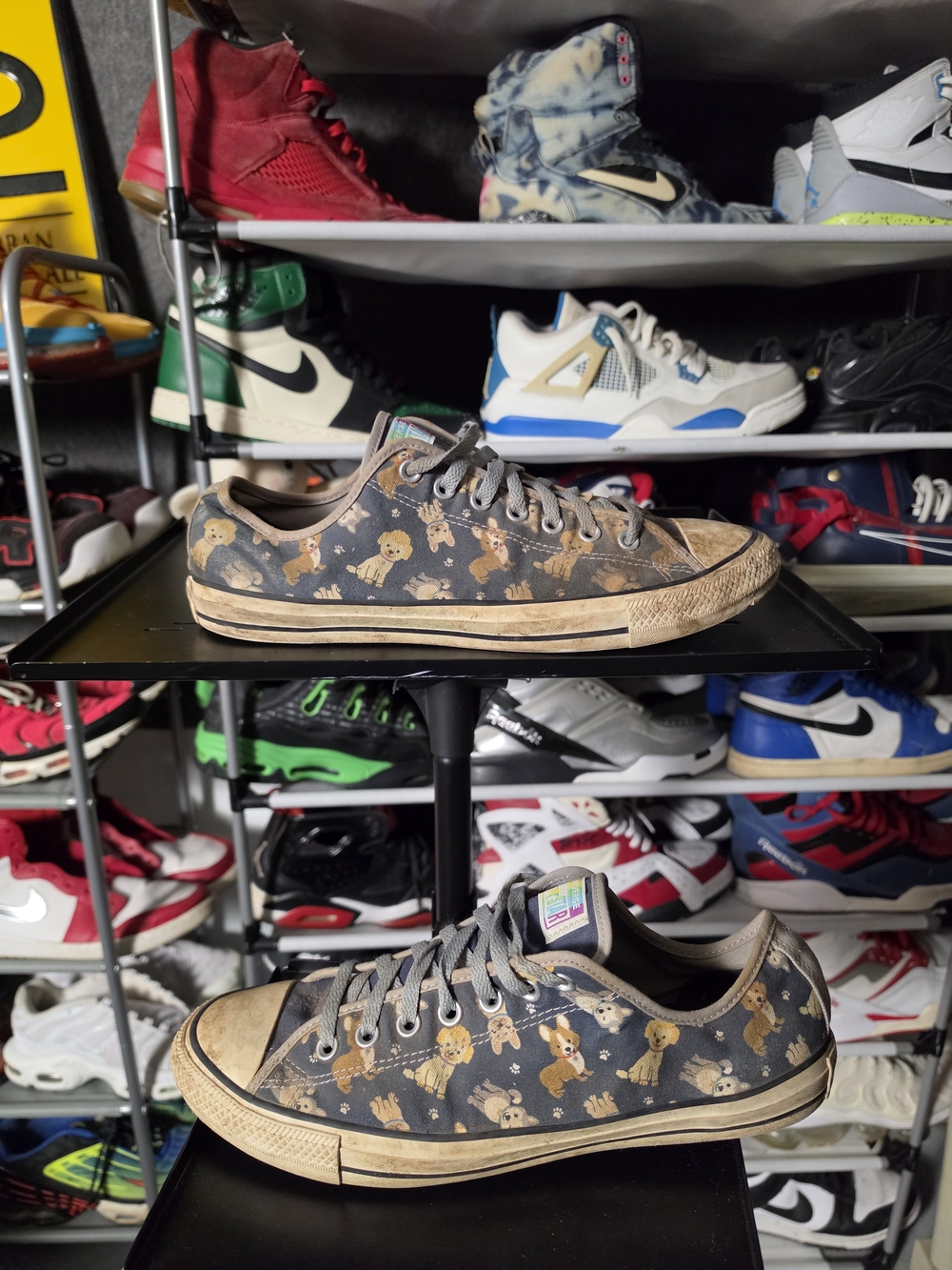 🔥 Converse Black Canvas Low-Tops with Tan Rainbow Puppy Print Men Size 10.5